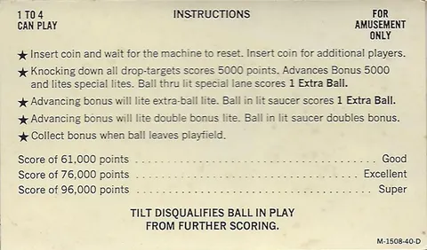 Instruction and Score Card - 5 Ball Novelty